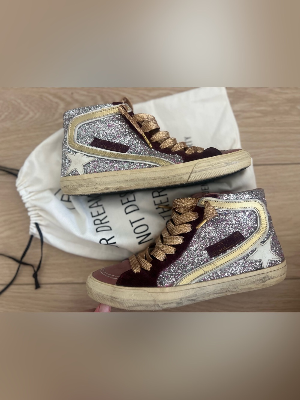 Golden goose glitter slides pink gold burgundy size 40 **flaws please read*